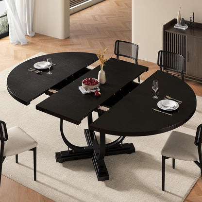 Einhomn 59" Extendable Round Dining Table for 4-6, Modern Oval Kitchen Table with Heavy Duty Curved Legs & Pedestal Base, Space Saving Circle Dinner Room Table for Dining Kitchen Living Room, Black