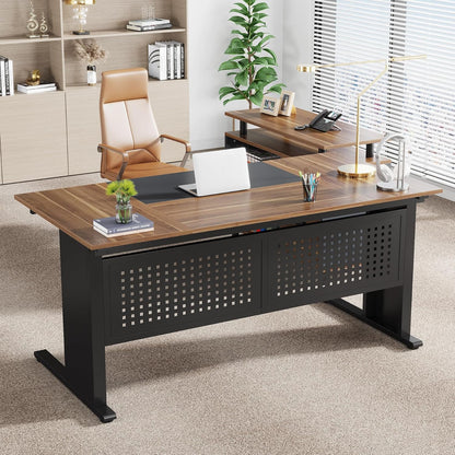 Tribesigns 63 Inch Executive Desk with Filing Cabinet, L Shaped Office Desk | Large Office Desk with File Drawer, L Shaped Desk with Storage, Computer Desk for Home Office, Easy Assembly, Brown and Black