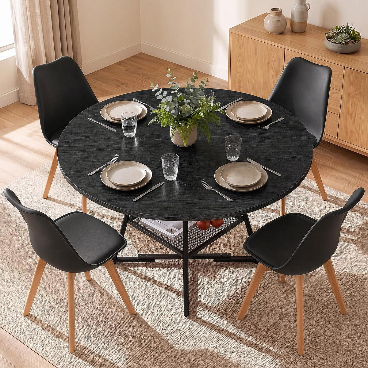 47in Round Dining Table Set for 4, Kitchen Table with Chairs | Circle Table, PU Leather Chair, Metal Cross Base, Storage Shelf, Breakfast Nook, Space-Saving, Apartment, Living Room, Black