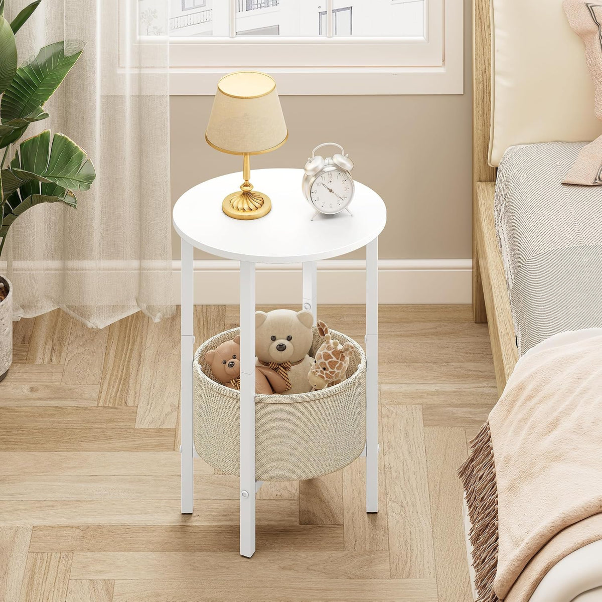 Vagusicc Round Side Table End Table with Storage Basket, Small Side Table Round Nightstand for Small Spaces, Tall Oval End Table with Steel Frame, Coffee Bedside Table for Living Room Bedroom, White