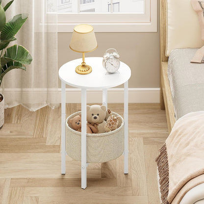 Vagusicc Round Side Table End Table with Storage Basket, Small Side Table Round Nightstand for Small Spaces, Tall Oval End Table with Steel Frame, Coffee Bedside Table for Living Room Bedroom, White