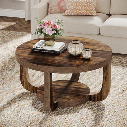 Tribesigns Round Coffee Table, 2-Tier Circle Coffee Table with Storage, Modern Wooden Accent Center Table for Living Room, Thick Tabletop & Base, Dark Brown
