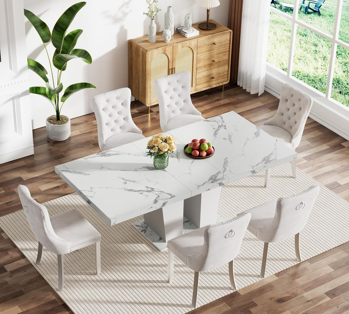 7-Piece Extendable Dining Table Set for 6-8 People 63-78 Inch Kitchen Table Set with 6 Beige Upholstered Chairs Modern White Faux Marble Rectangular Dining Room Table Set for Kitchen Apartment