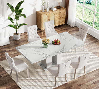 7-Piece Extendable Dining Table Set for 6-8 People 63-78 Inch Kitchen Table Set with 6 Beige Upholstered Chairs Modern White Faux Marble Rectangular Dining Room Table Set for Kitchen Apartment