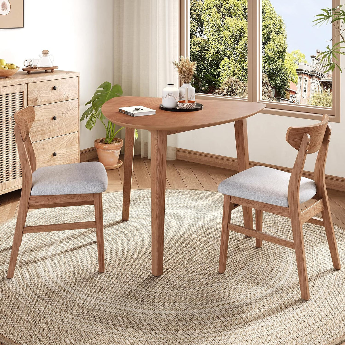 P PURLOVE Modern 3 Piece Table Set, Triangular Table and 2 Curved Wood Chairs for Living Room, Dining Room, Kitchen, Small Space, Minimalist Space-Saving (Light Brown)