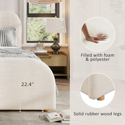 Merax King Size Bed Frame, Upholstered Linen Platform Bed with 44 Inch Tall Headboard & Footboard, Solid Wood Base, Soft Curved Edges Design King Bedframe, No Box Spring Needed, Easy Assembly, Beige