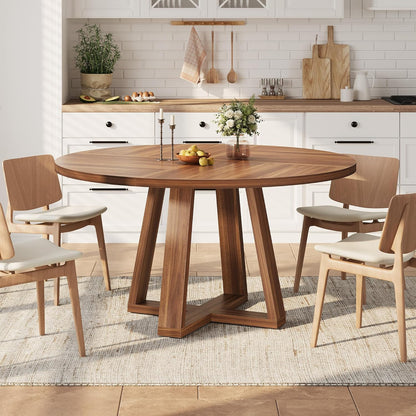 Garvee 47" Round Dining Table, Walnut Brown | For 4-6 People, Modern Circle Design, Wooden Cross Pedestal Base, For Living Room, Kitchen
