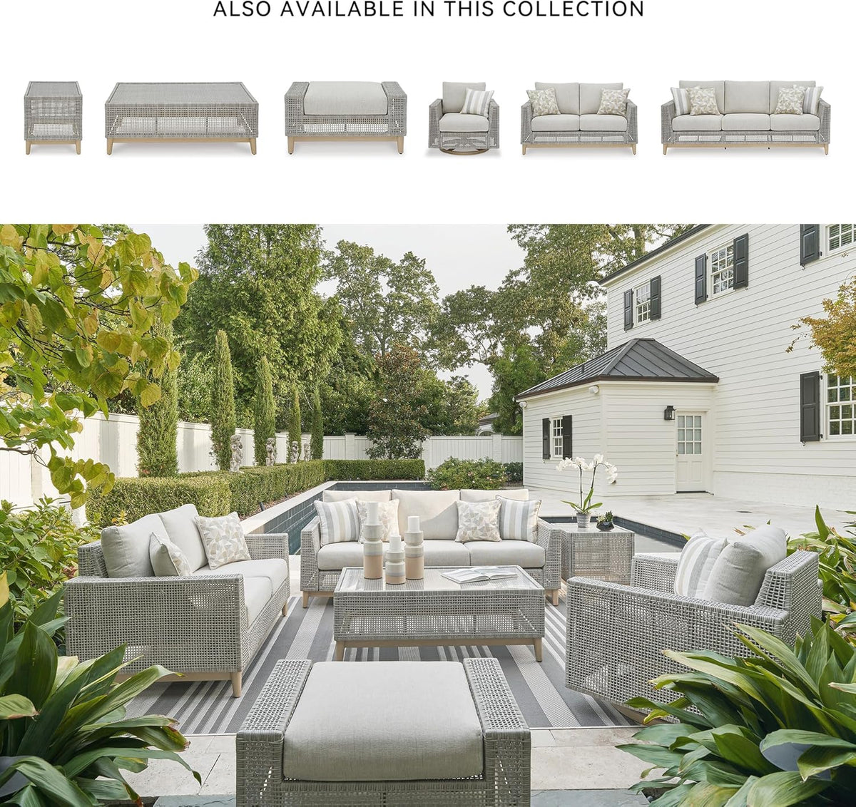 Signature Design by Ashley Seton Creek Casual Nuvella Weather Resistant Fabric Outdoor Ottoman with Cushion, Light Gray & Light Brown