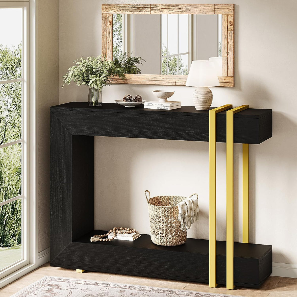 iPormis 42.5-Inch Console Table for Entryway, 2-Tier Sofa Table Behind Couch, Wood Entry Table with Storage & Metal Lines Base for Living Room, Hallway, Foyer, Black