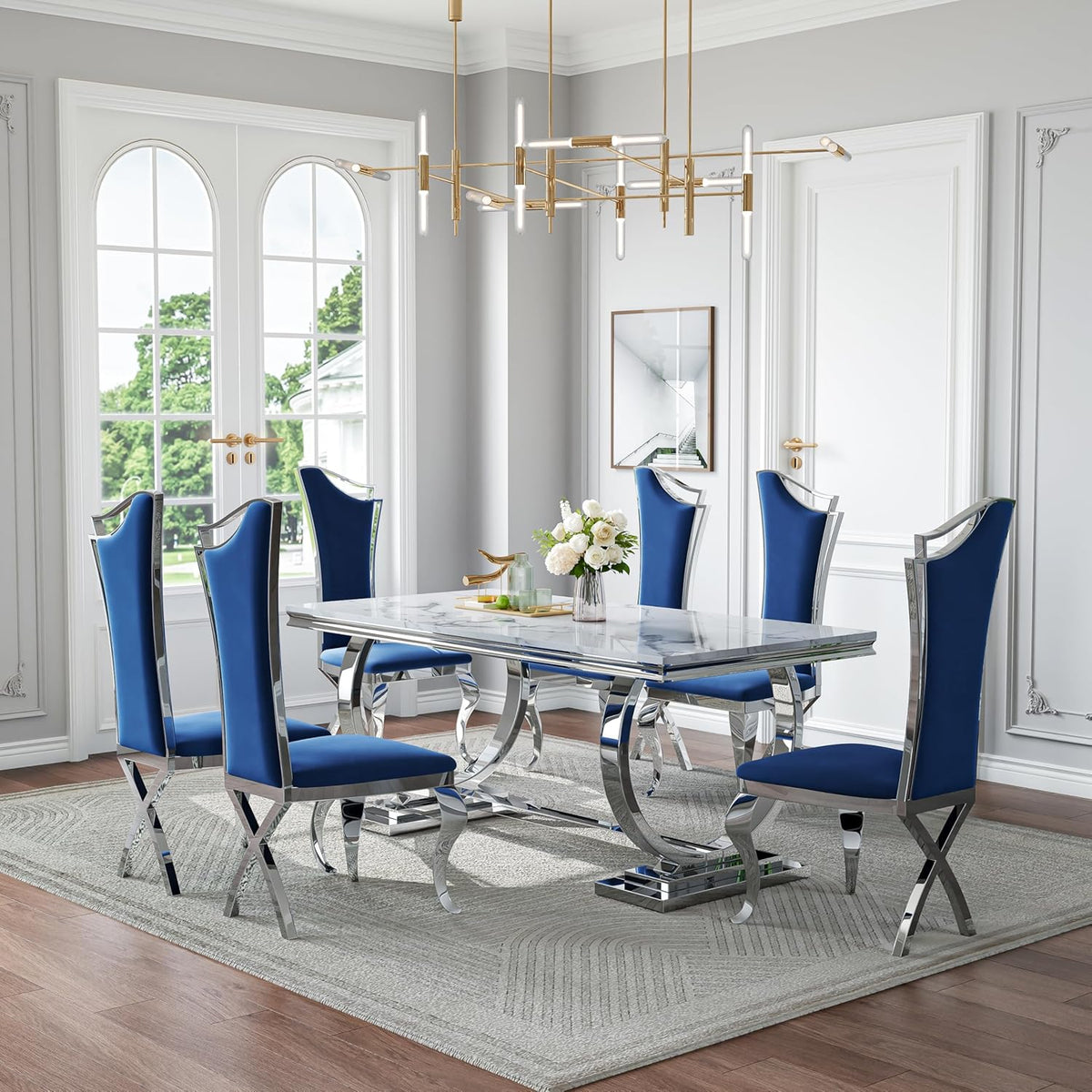 70 in Faux Marble Dining Table Set for 6, Large Kitchen Table and Blue Velvet Chairs, White Silver Modern Dinner Tables with Mirrored Stainless Steel Base, Luxury 7 Piece Dining Set