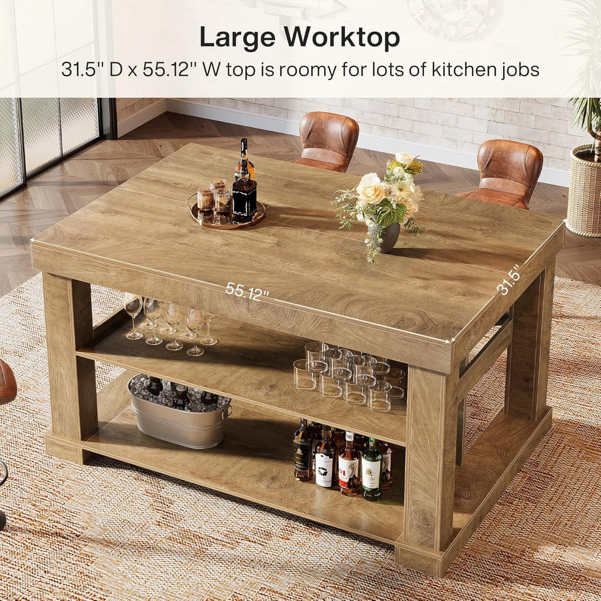 Tribesigns 55" Kitchen Island with Seating and Storage, 3-Tier Farmhouse Wood Stationary Island Table with Large Worktop & Leg Room, Coffee Bar Table with Storage Shelves for Kitchen, Natural Brown
