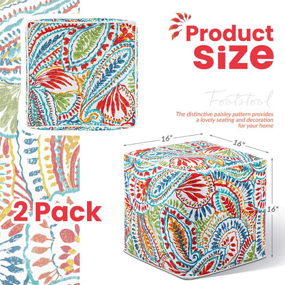 Juexica 2 Pack Inflatable Outdoor Ottoman Pouf Waterproof Cube 16" Square Blow up Ottoman Footrest with Handle Outdoor Portable Footstool for Patio Garden Camping or Home Pool(Retro,Red)