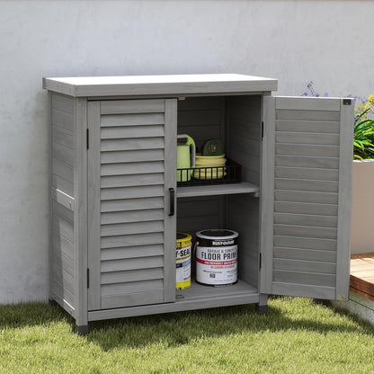 32" Solid Wood Storage Cabinet, Sideboard Cabinets with Metal Table Top, Living Room Organizer with Louvered Ventilation for Outdoor Patios, Grey