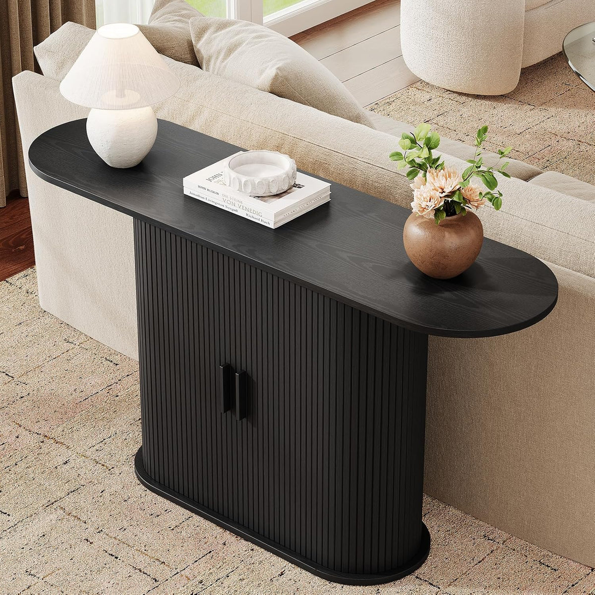 55 Inch Console Table with Storage, Fluted Entryway Tables with Sliding Doors, Sofa Table Behind The Couch, Hallway Tables, Mid-Century Modern Foyer Table for Entryway, Hallway, Living Room, Black