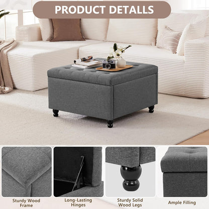 28" Large Square Ottoman with Storage, Fabric Ottoman Coffee Table, Grey | Living Room Coffee Table, Footrest or Extra Seat, Bedroom and Entryway Use, Solid Wood Frame, Safety Hinges, 300 lb Capacity