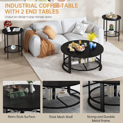 Recaceik Round Coffee Table and End Table Set of 3 with Storage, Modern Vintage Black Coffee Table and Side Table for Living Room, Office, Apartment, Small Space