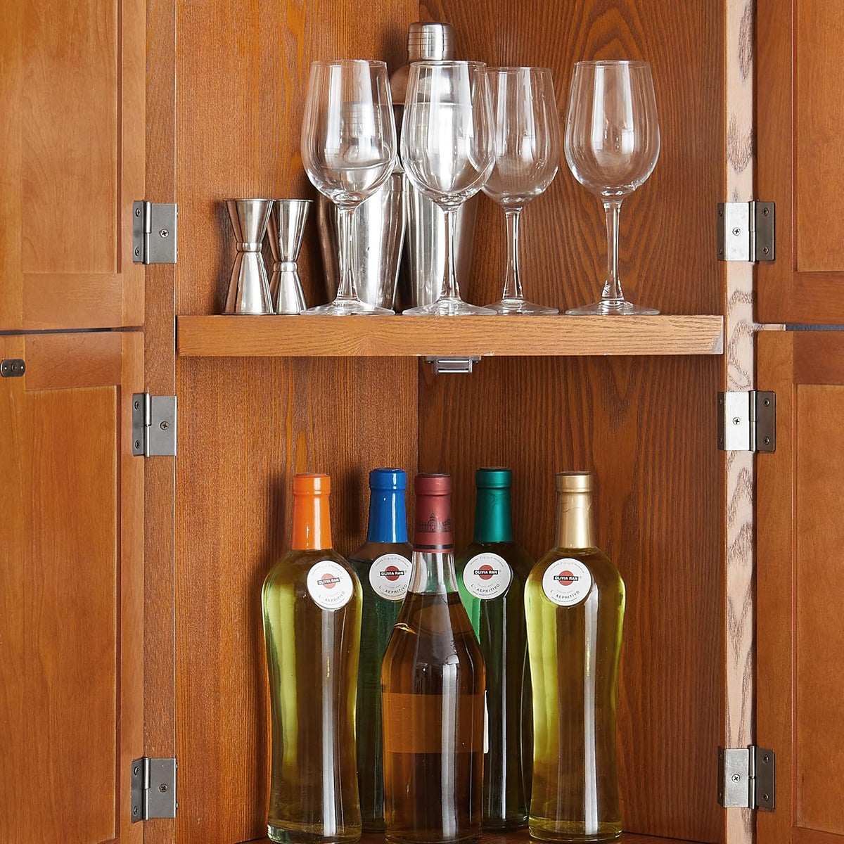 Corner Pantry Cabinet 4-Tier Oak MDF 72H 8 Doors | MDF construction, oak finish, corner pantry cabinet, 8 doors, 4 shelves, 24.4W x 12.2D x 72H