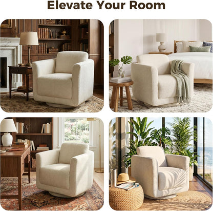 Swivel Accent Chair, 360° Barrel Chair with Solid Wood Frame & Removable Ergonomic Support Back Cushion, Fully Assembled Chenille Armchair for Living Room & Bedroom, Beige