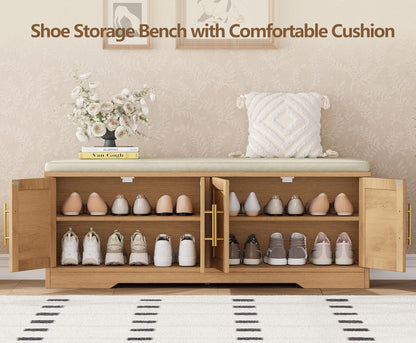 Rattan Shoe Storage Bench, 47.2" Wide Entryway Bench, Natural Oak | 2 Tier Shoe Bench with Padded Cushion, Hidden Shoe Rack Bench with Adjustable Shelves, for Hallway Living Room, Bedroom
