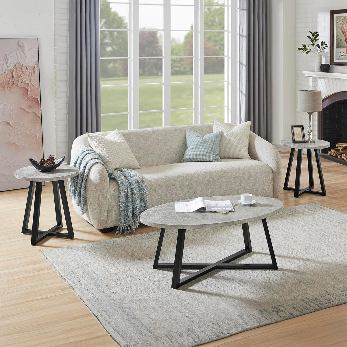 Roundhill Furniture Modern Harmony 3-Piece Wood Oval Coffee Table Set, Gray