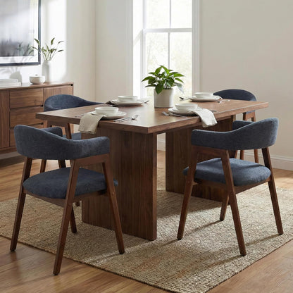 VKNOW Wooden Dining Chairs Set of 4, Modern Fabric Upholstered Kitchen Armchairs with Curved Open Back and Solid Wood Legs, Farmhouse Dining Room Chairs for Kitchen, Navy