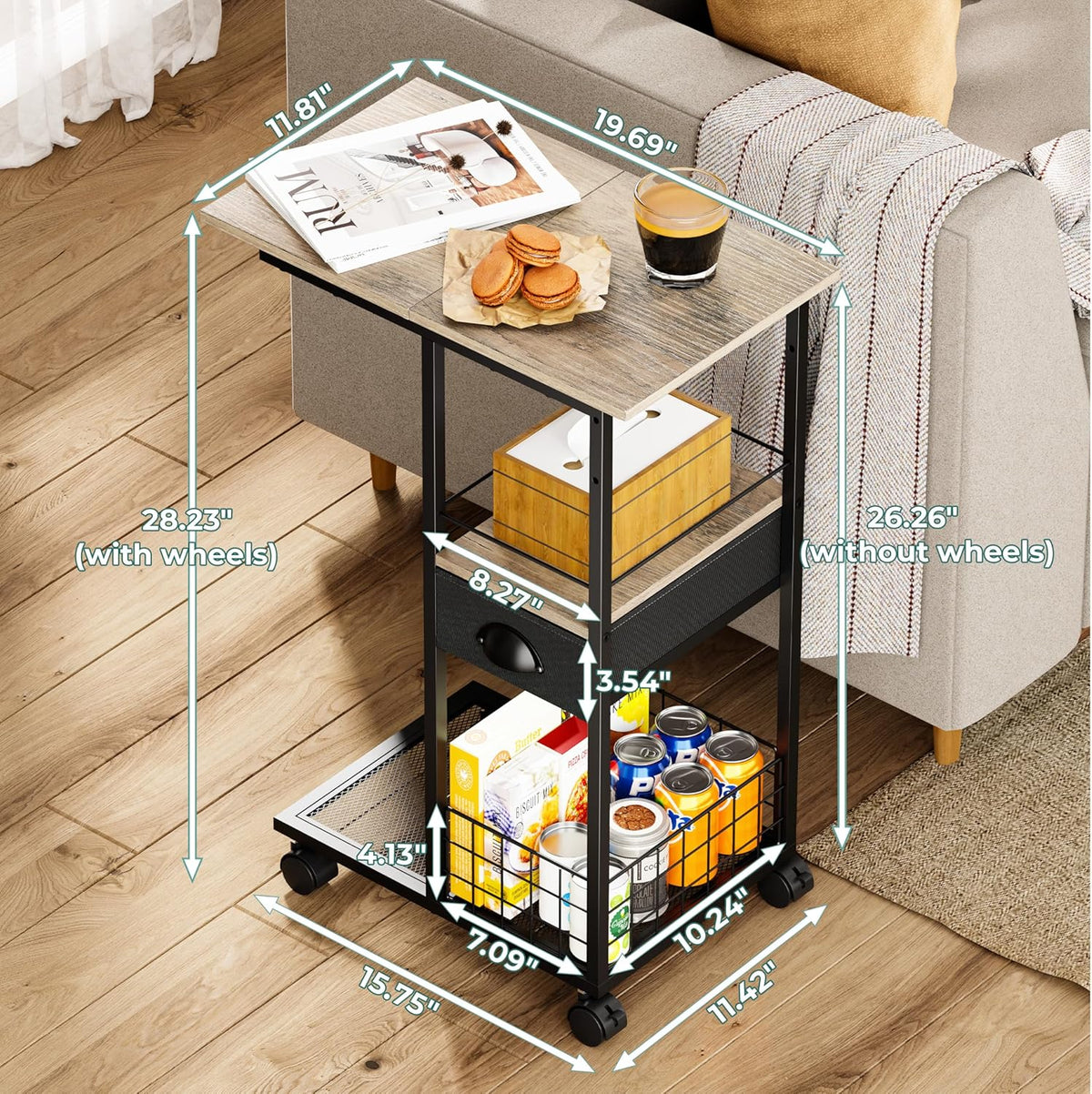 Rolling C Shaped Side Table with Storage Drawer, Ivory Portable Desk on Wheels, Bedside Table for Sofa Couch & Bed, Small Overbed Laptop Desk, Mobile Coffee End Table for Bedroom Living Room Dorm