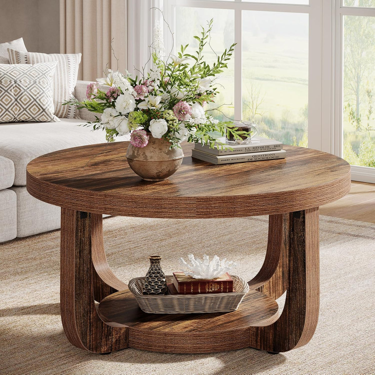 Tribesigns Round Coffee Table, 2-Tier Circle Coffee Table with Storage, Modern Wooden Accent Center Table for Living Room, Thick Tabletop & Base, Dark Brown