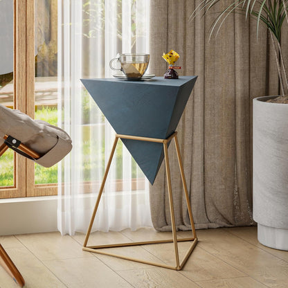 COZAYH Modern Geometric End Table with Wooden Top and Golden Metal Base, Unique Pyramid Side Table Plant Stand for Office, Living Room, Bedroom, Fully Assembled, Triangle, Blue