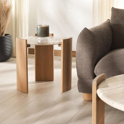 SAFAVIEH Couture Collection - Damarcus Travertine & Solid Wood Accent Table, Round Top, Classic Sculptural Design (SFV9705A)