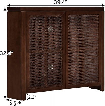 LKTART Small Sideboard Buffet Cabinet,Narrow Kitchen Storage Cabinet with 2 Rattan Doors,Mid Century Modern Thin Console Table for Living Room,Entryway(39.4" Walnut)