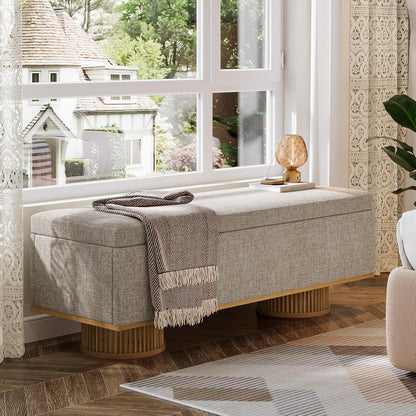 Tribesigns 50.39" Storage Bench with Padded Seat Cushion, Upholstered Shoe Bench with Flip Up Storage for Bedroom, Living Room, Entryway, Load up to 330 lb, Beige + Wood Color