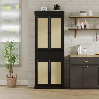 CABIHOME 35.43×16.54×9.45 Inch Entryway Storage Cabinet, MDF+PB+Iron with Rattan Doors & Adjustable Shelves, Freestanding Pantry for Living Room