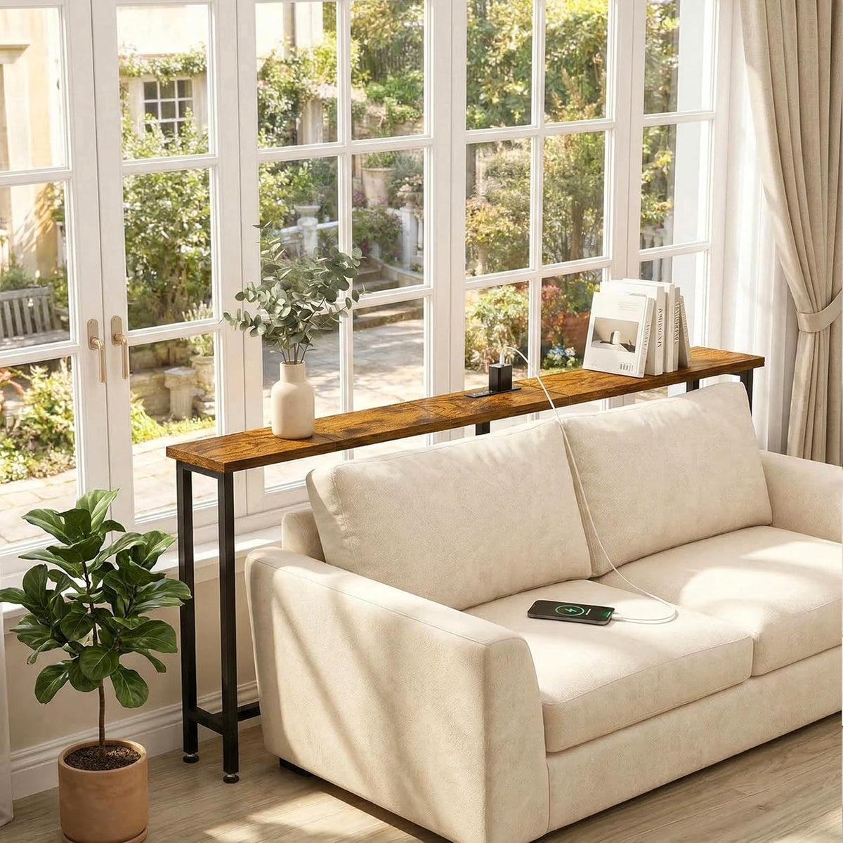 90" Narrow Sofa Table with Outlets (2 AC Outlets & 2 USB Ports), Behind Couch Table with Charging Station, Long Skinny Console Table for Living Room, Entryway and Hallway (Rustic Brown)
