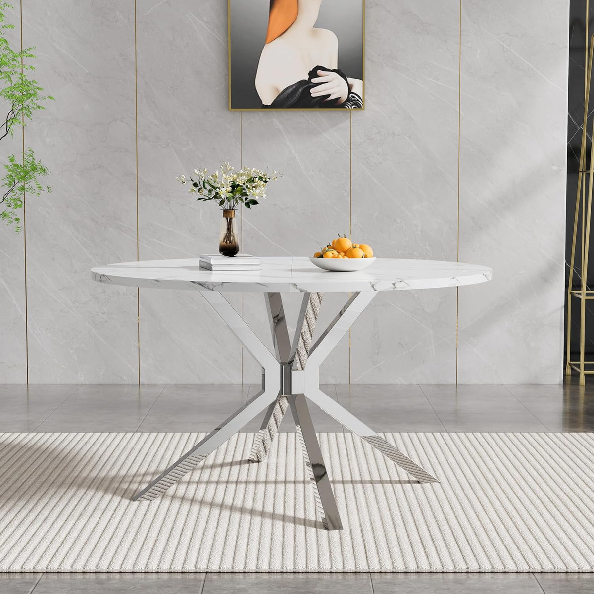 Round Faux Marble Dining Table for 4-6 Modern 47.2" Kitchen Table with Silver Stainless Steel Cross Legs Circle Dinner Table for Dining Room Living Room Apartment