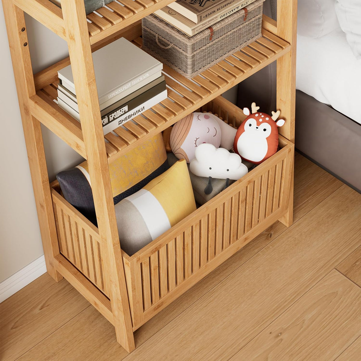 Bamjoy Bamboo Ladder Shelf, Bookshelf with 4 Display Shelves and 1 Open Storage Basket, Multifunctional Storage Rack Organizer for Home Office, Bedroom, Living Room, 66” H Natural