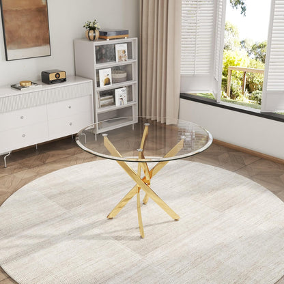 AF ARTISAN FURNITURE 5 Piece Round Glass Dining Table Set, Gold Glass Kitchen Table Set for 4 Modern Table Set with 4 Grey PU Upholstered Dining Chairs, for Small Space, Breakfast Nook