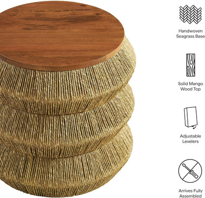Modway Maris Hand-Woven Seagrass and Wood Round Side Table – 18 Inch Drum End Table for Boho, Coastal, or Modern Living Rooms in Walnut Natural