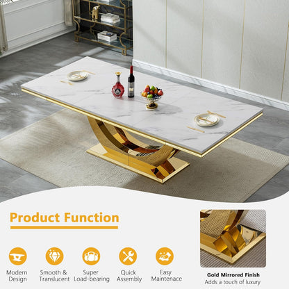 94 in Luxury Faux Marble Dining Table for 6 8 10 People, White Faux Marble Dining Table with Gold U Shaped Stainless Steel Base, Large Rectangular Modern Kitchen Dining Room Table for Family Gathering