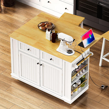 48" Kitchen Island with Drop Leaf, Power Outlet and Wheels | Drop Leaf Extension, Built-In Power Outlet, Rolling Wheels, 48 Inch Width, Kitchen Storage