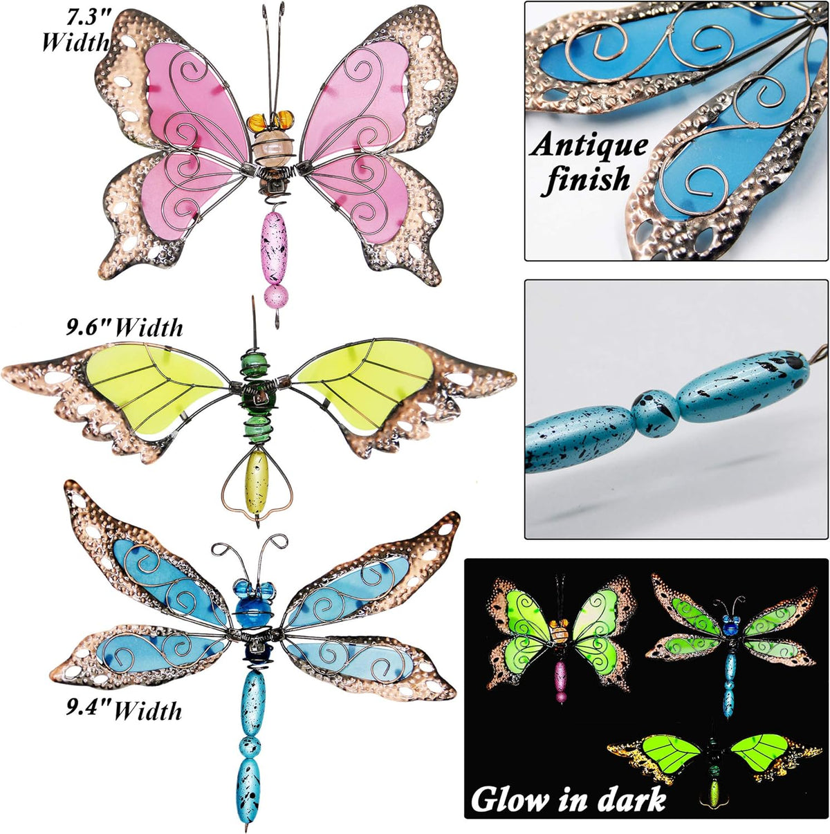 Juegoal 34 Inch Butterfly Garden Stakes Decor, Dragonfly Hummingbird Stakes, Glow in Dark Metal Yard Art for Mom, Mothers Day Ideal Gifts, Indoor Outdoor Lawn Pathway Patio Ornaments, Set of 3