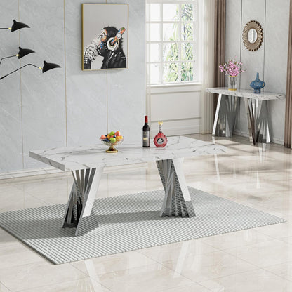 70" Faux Marble White Dining Table for 6, Modern Dining Room Table with 0.71" Marble Printing MDF Top and Flash-Shaped Silver Stainless Steel Base,Rectangular Large Kitchen Dinner Table
