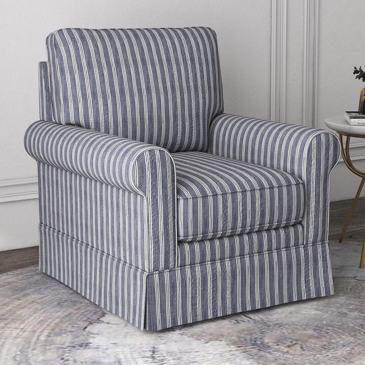 INZOY Swivel Accent Chair Set of 2, Mid Century Modern Reading Chair, Upholstered Swivel Square Chair for Living Room Bedroom Small Spaces, Fully Assembled, Blue Stripe