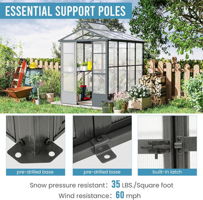 Domi 6.5x8FT Polycarbonate Greenhouse with Automatic Vent, Extra Tall 7.8FT Walk-in Aluminum Frame, Weather-Resistant Green House with Shelves & Hooks for Outdoor Garden, Backyard, Dark Grey