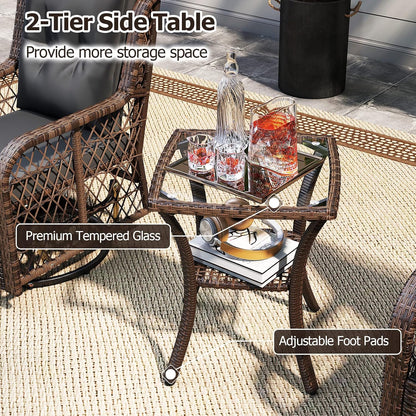 Tangkula 3 Pieces Outdoor Swivel Rocker Set, Rattan Wicker Patio Rocking Cushioned Chairs Set of 2 with Small Side Table, for Backyard, Poolside, Balcony, Lawn, Deck