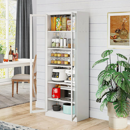 Kitchen Pantry Cabinet, 72" H Storage Cabinet with Glass Doors and Adjustable Shelves, Spacious Cupboard with Round Handles, Metal Kitchen Cabinet for Dining Room, Living Room, White