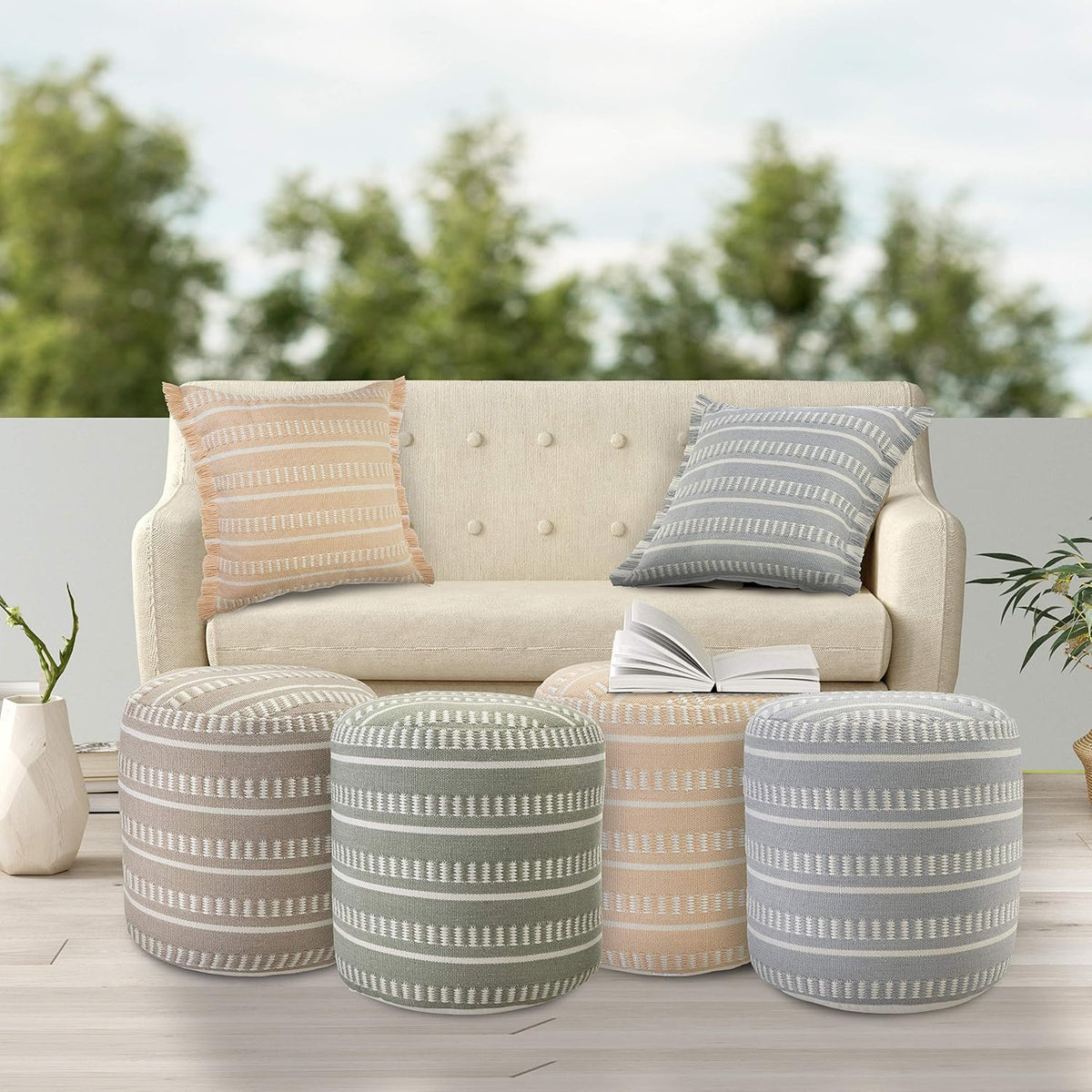 LR Home Dash and Stripe Geometric Indoor Outdoor Pouf, Green/White, 20" x 20" x 20"