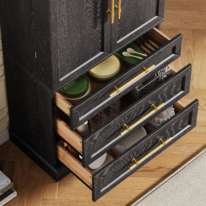 78.2" Tall Farmhouse Kitchen Pantry Cabinet with 8 Door Shelves, Storage Cupboard with 3 Adjustable Shelves, 3 Large Drawers,for Dining & Bathroom (Ash Black-J)