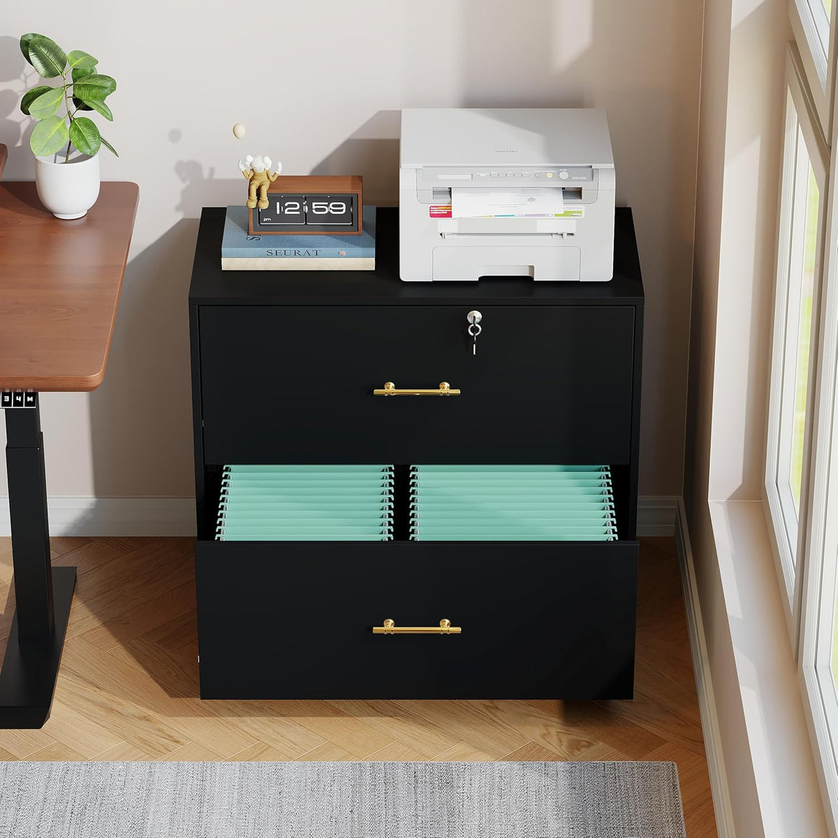 2 Drawer Lateral File Cabinet with Lock, Suitable for Letter/A4/F4/Legal Size Hanging Files,Large Wood Filing Storage Cabinets Printer Stand for Home Office,Black
