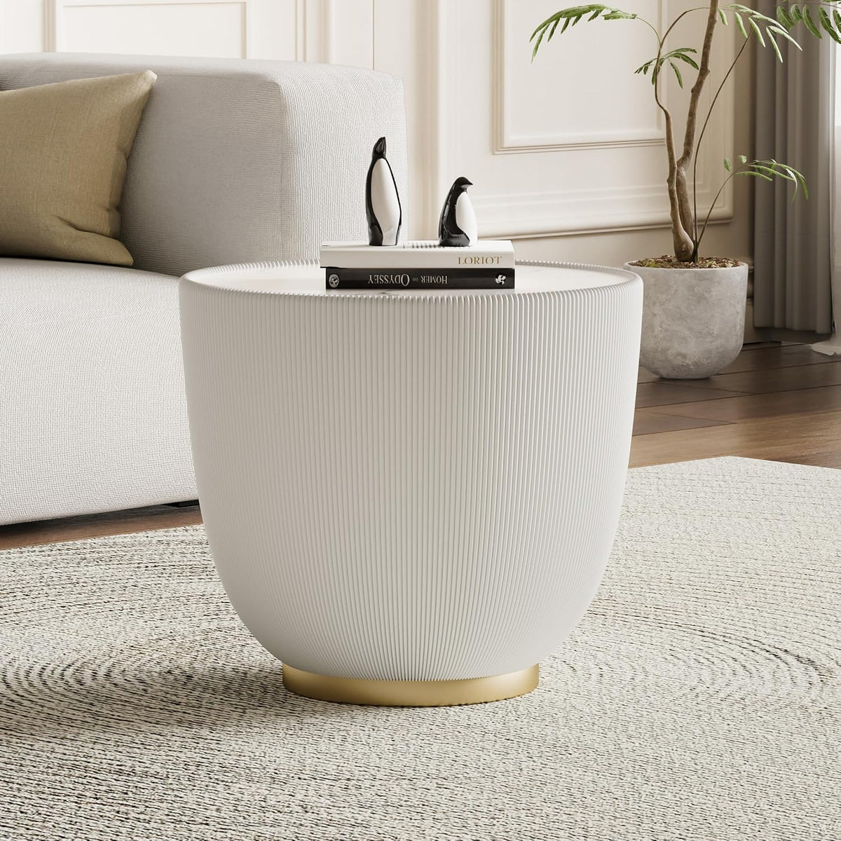 SSLine Bowl-Shape Small Coffee Table Modern Sintered Stone Top Coffee Table in Cream White Leatherette Unique Bowl Side End Table for Living Room Bedroom