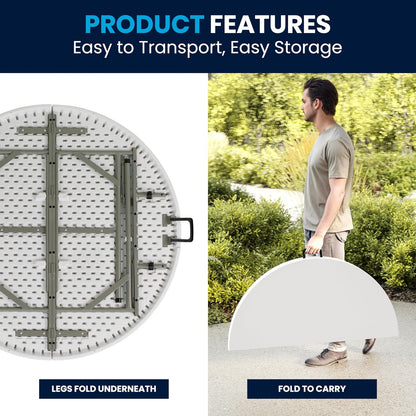 Flash Furniture 4-Foot Round Bi-Fold Granite White Plastic Folding Table | Lightweight, Easy Storage, Commercial Grade, Carrying Handle